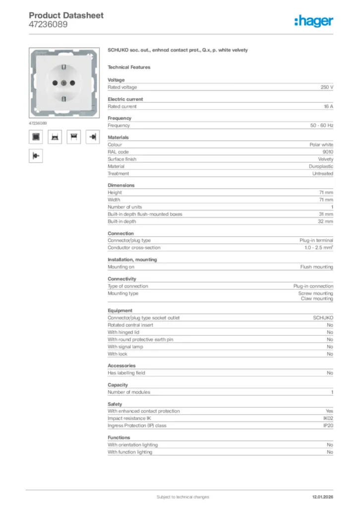 Image Hager Product data sheet 47236089  | Hager