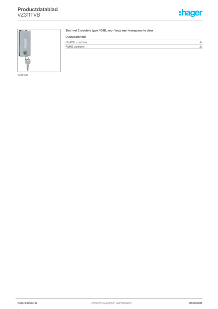 Afbeelding Hager Productdatablad VZ311TVB | Hager Belgium