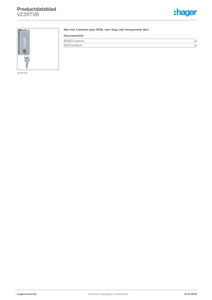 Afbeelding Hager Productdatablad VZ311TVB | Hager Belgium