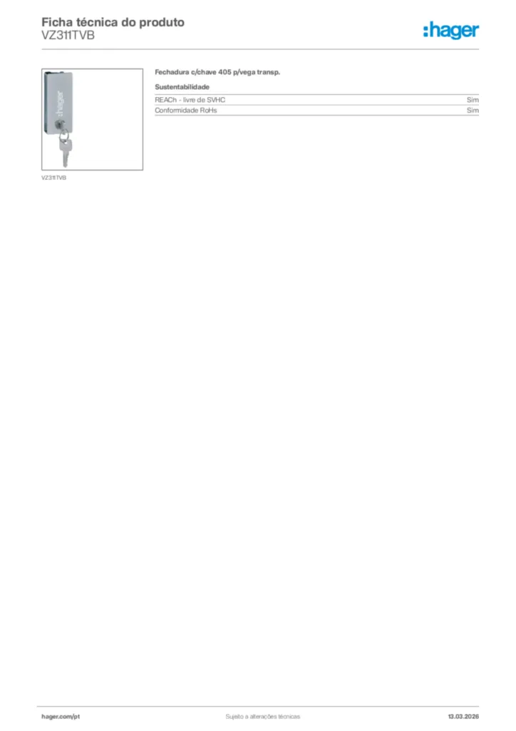 Imagem Hager Ficha técnica do produto VZ311TVB | Hager Portugal
