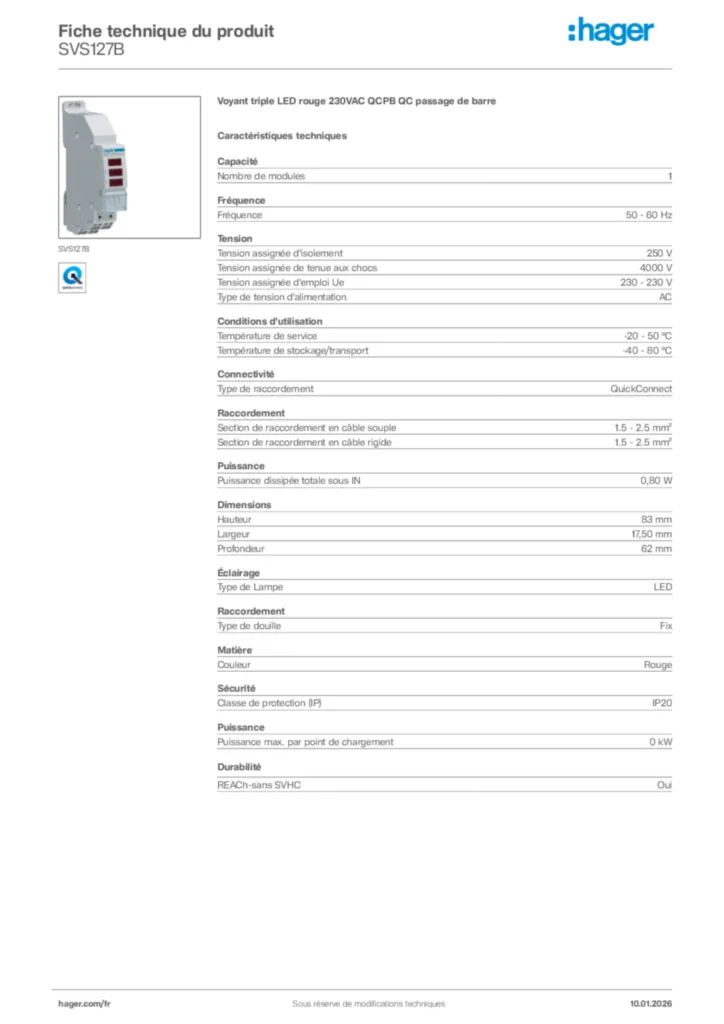 Image Hager Fiche technique du produit SVS127B | Hager France