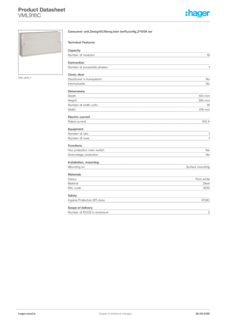 Image Hager Product data sheet VML918C  | Hager