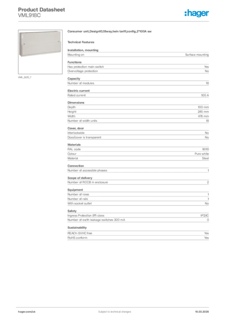 Image Hager Product data sheet VML918C  | Hager