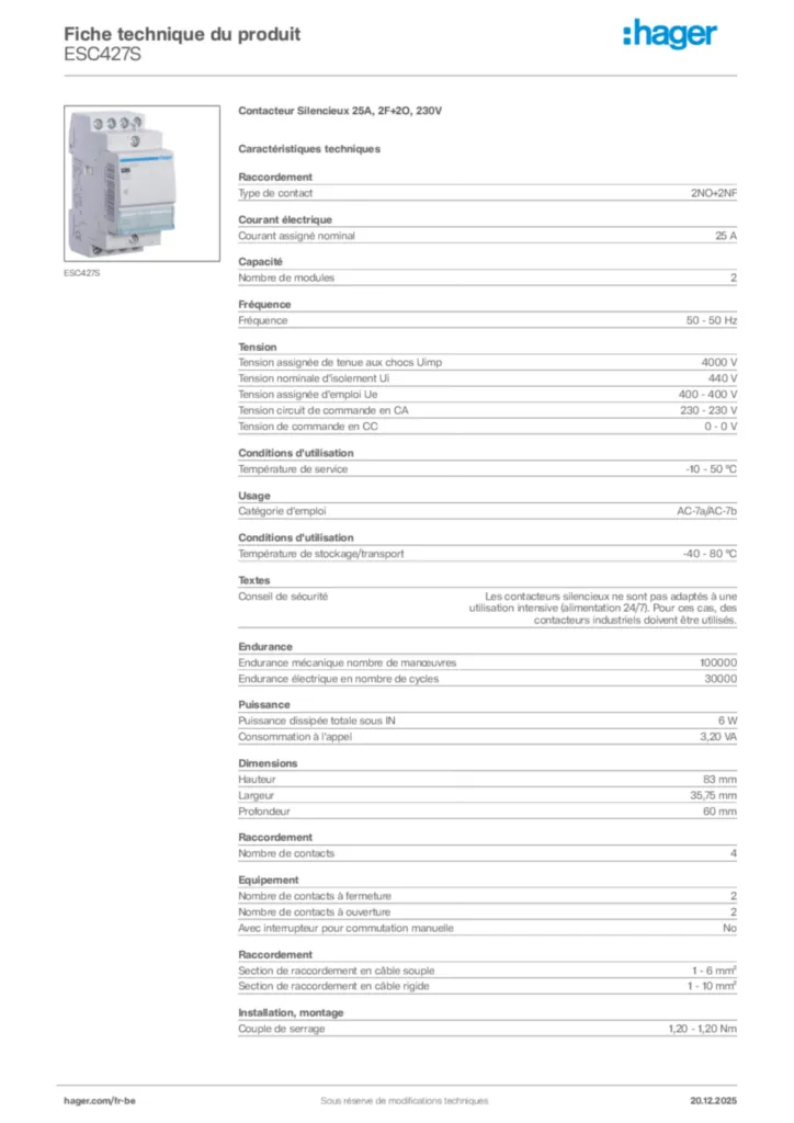 Image Hager Fiche technique du produit ESC427S | Hager Belgique