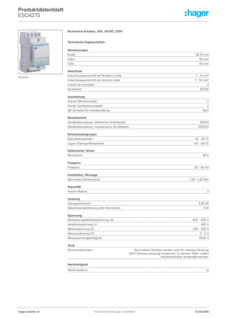 Bild Hager Produktdatenblatt ESC427S | Hager Schweiz