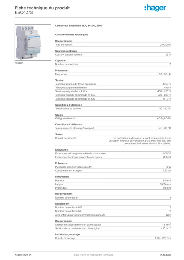 Image Hager Fiche technique du produit ESC427S | Hager Suisse