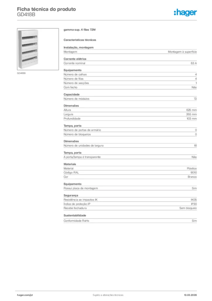 Imagem Hager Ficha técnica do produto GD418B | Hager Portugal