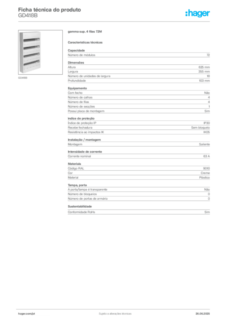 Imagem Hager Ficha técnica do produto GD418B | Hager Portugal
