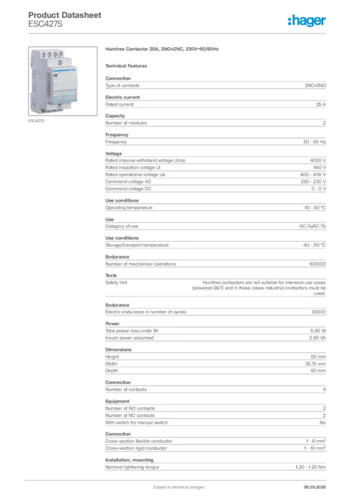 Image Hager Product data sheet ESC427S  | Hager Africa