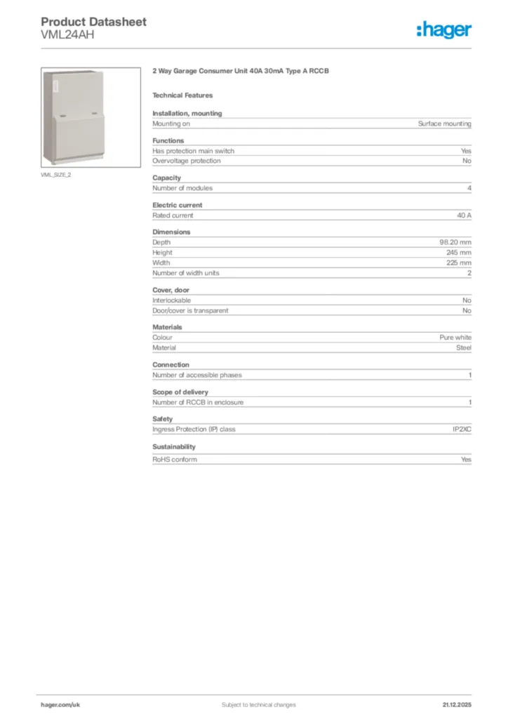 Image Hager Product data sheet VML24AH  | Hager