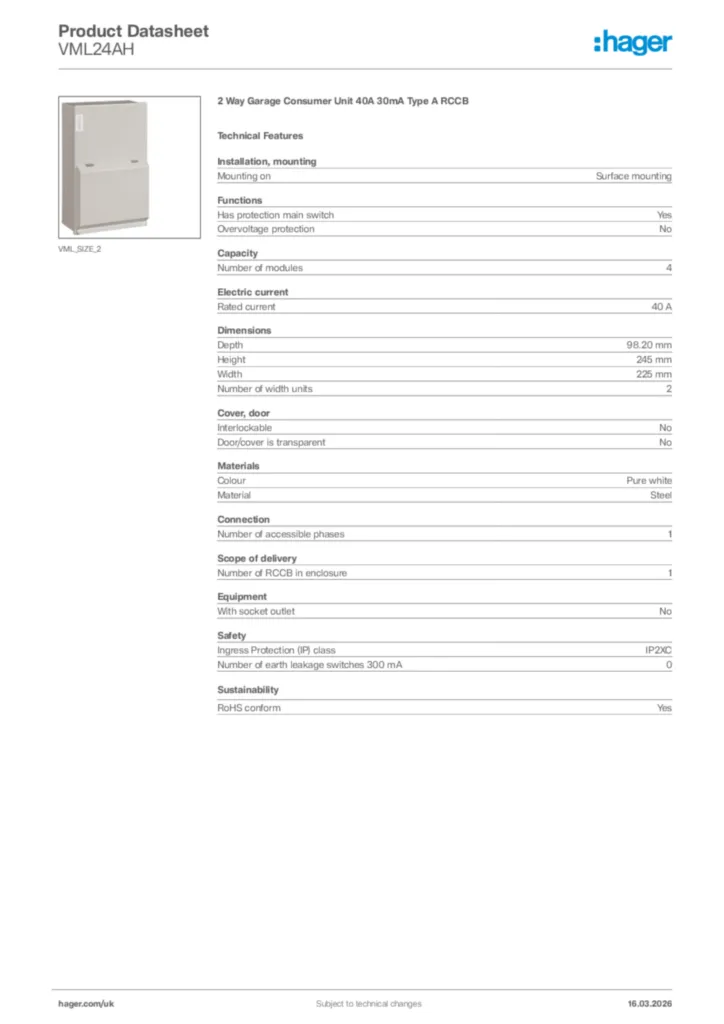 Image Hager Product data sheet VML24AH  | Hager