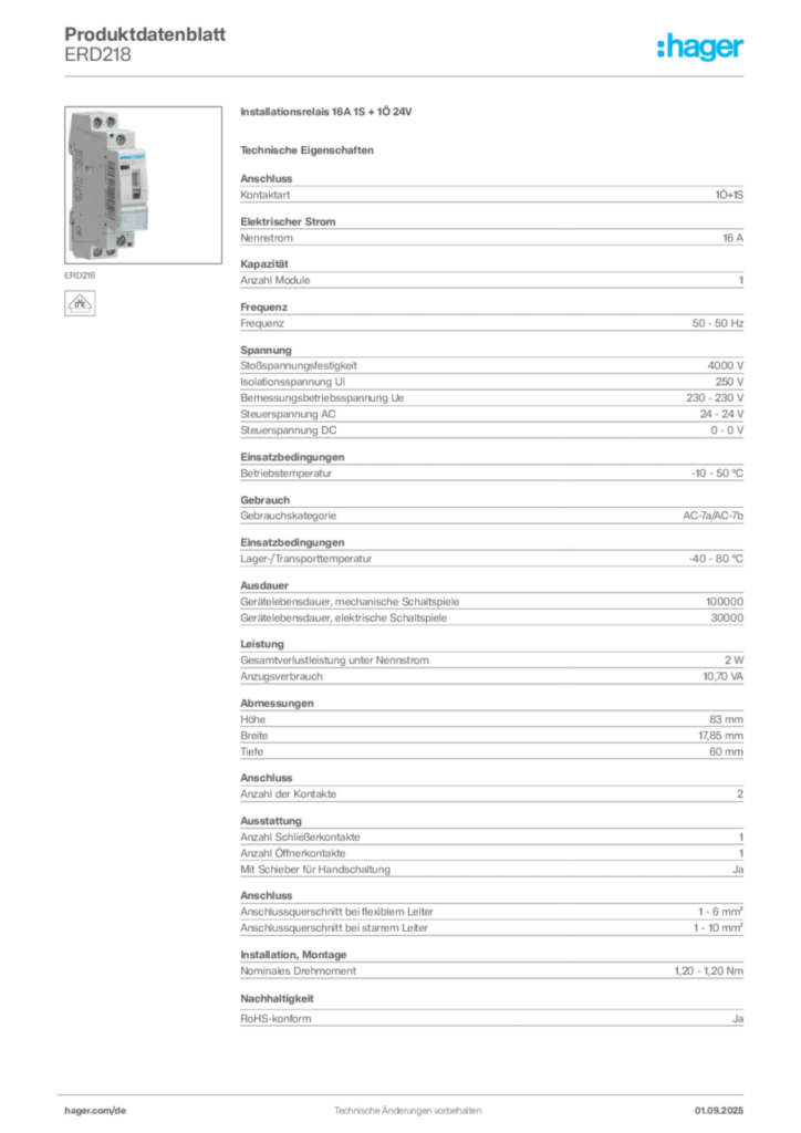 Hager Produktdatenblatt ERD218