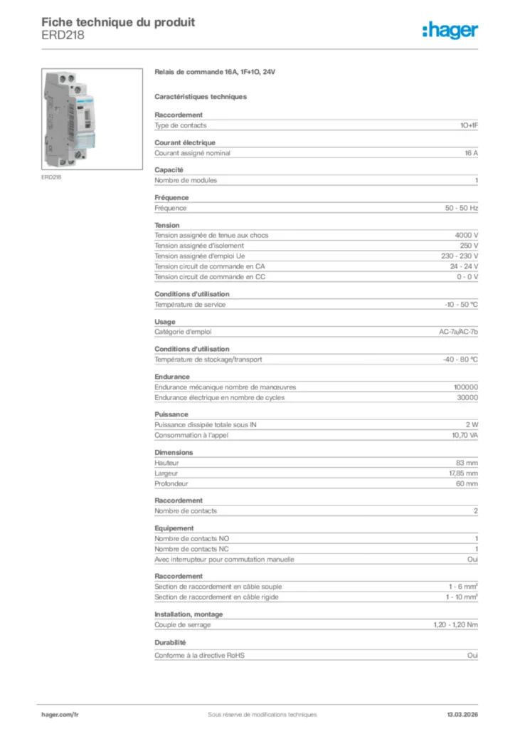 Image Hager Fiche technique du produit ERD218 | Hager France