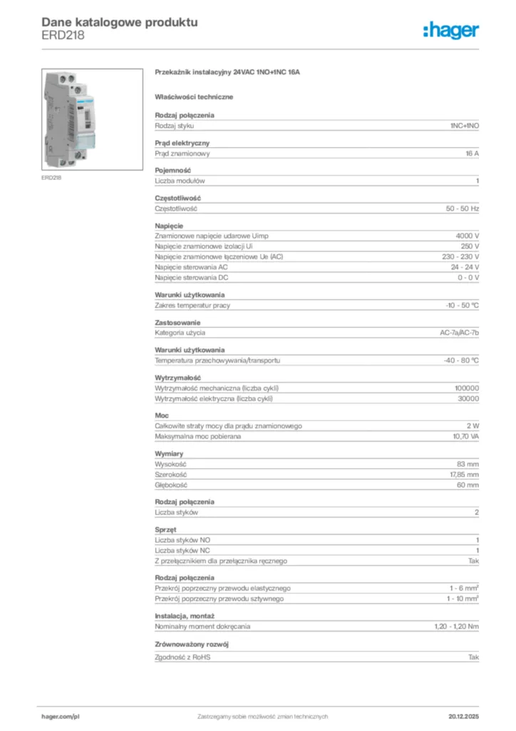Zdjęcie Hager Dane katalogowe produktu ERD218 | Hager Polska