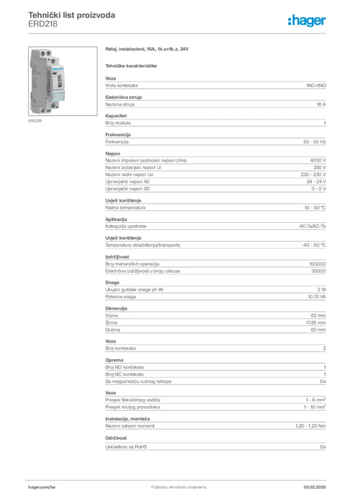 Slika Hager Tehnički list proizvoda ERD218  | Hager