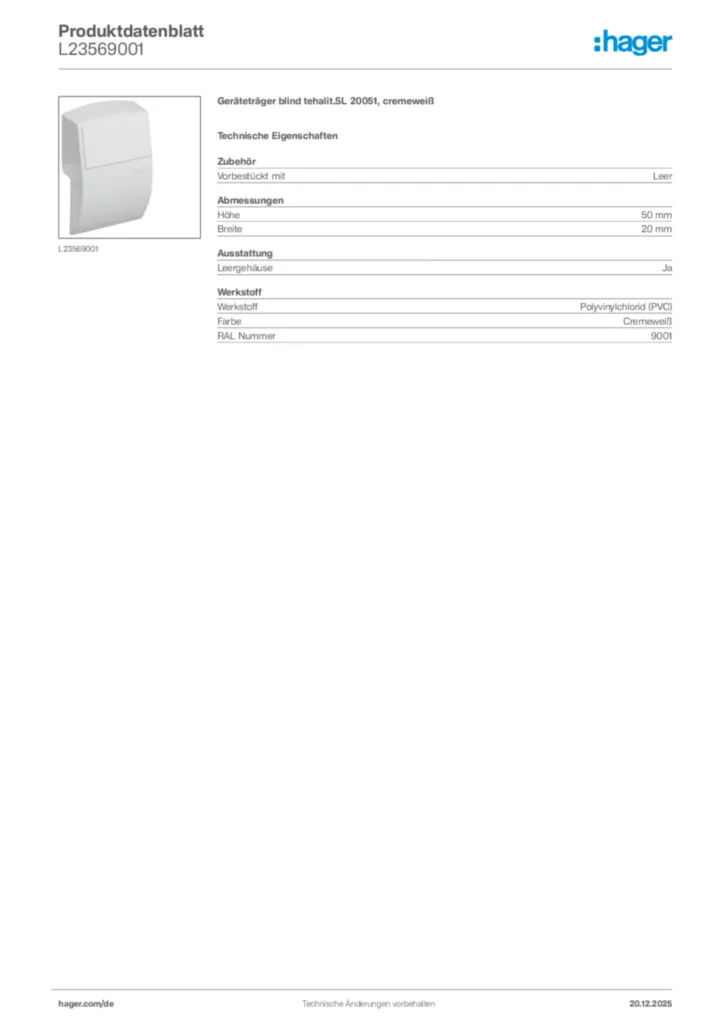 Bild Hager Produktdatenblatt L23569001 | Hager Deutschland