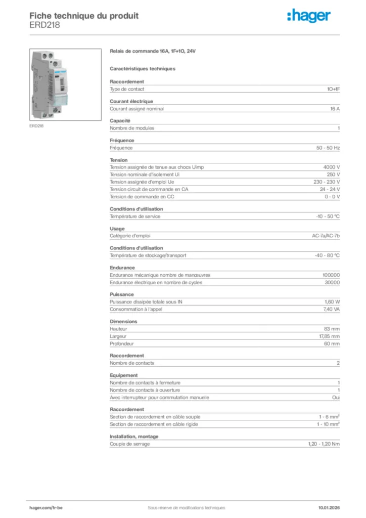 Image Hager Fiche technique du produit ERD218 | Hager Belgique