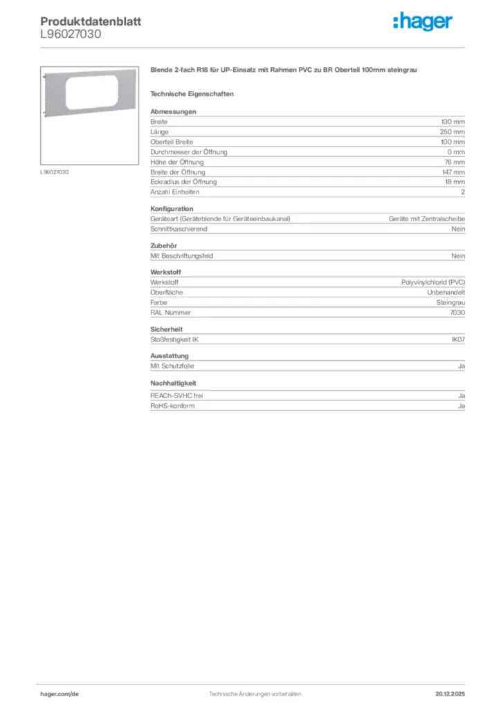 Bild Hager Produktdatenblatt L96027030 | Hager Deutschland