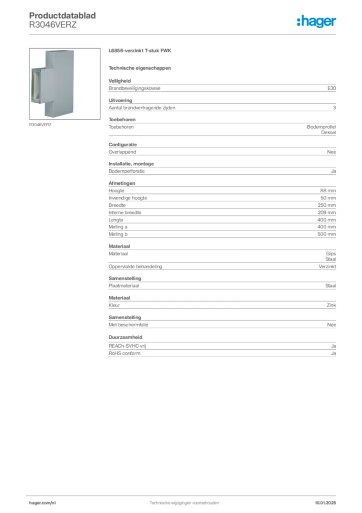 Afbeelding Hager Productdatablad R3046VERZ | Hager Nederland