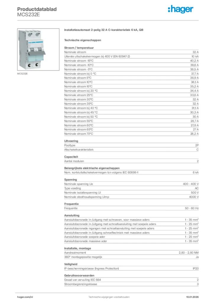 Afbeelding Hager Productdatablad MCS232E | Hager Nederland