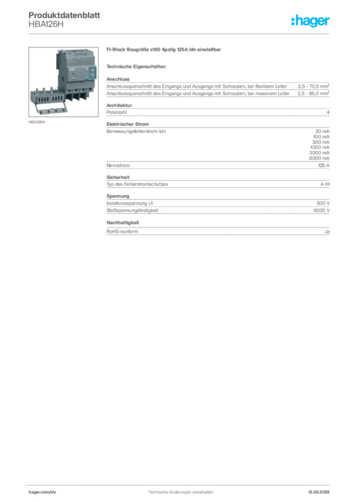 Hager Produktdatenblatt HBA126H