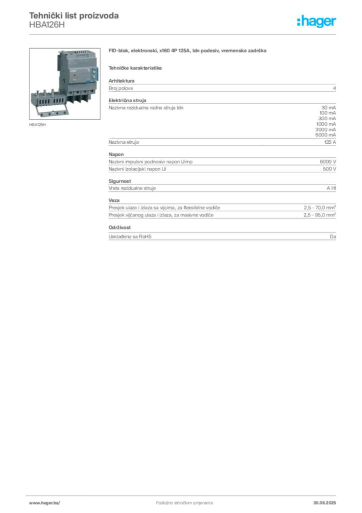 Slika Hager Product data sheet HBA126H  | Hager