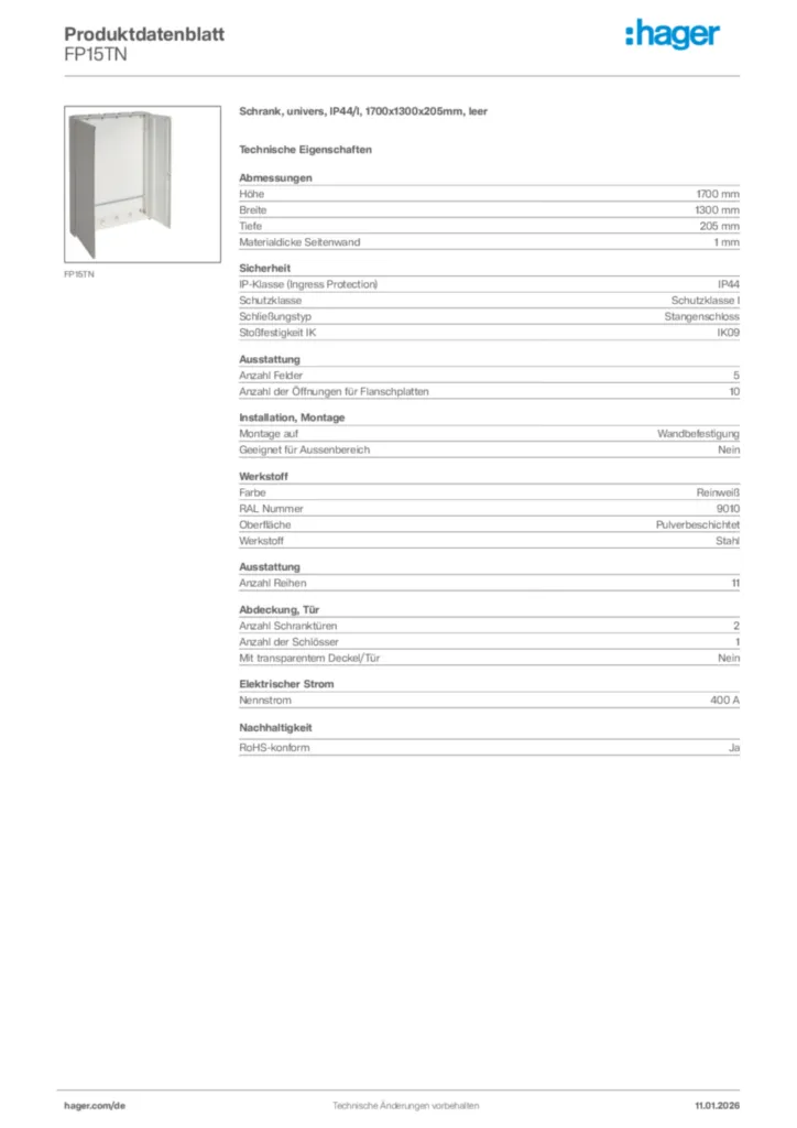 Bild Hager Produktdatenblatt FP15TN | Hager Deutschland