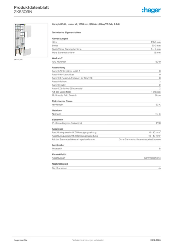Bild Hager Produktdatenblatt ZK53Q9N | Hager Deutschland