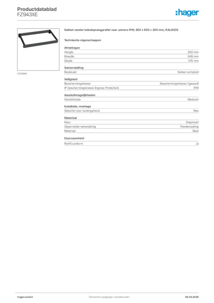 Afbeelding Hager Productdatablad FZ943XE | Hager Nederland