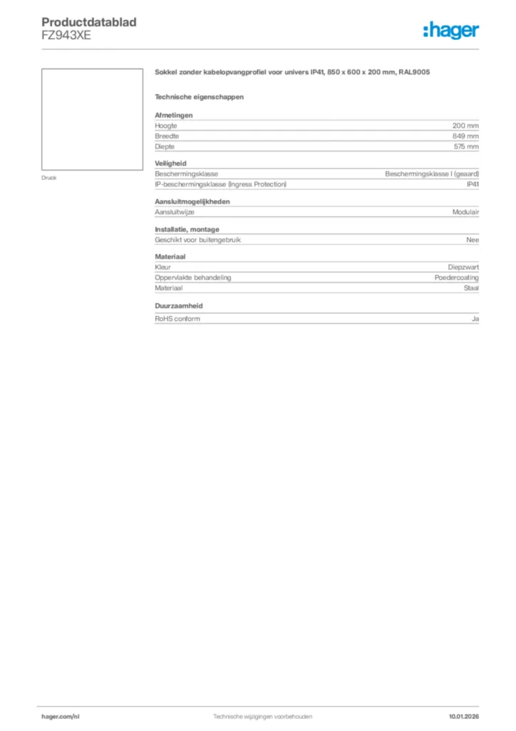 Afbeelding Hager Productdatablad FZ943XE | Hager Nederland