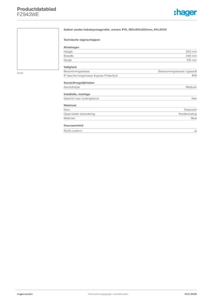 Afbeelding Hager Productdatablad FZ943WE | Hager Nederland