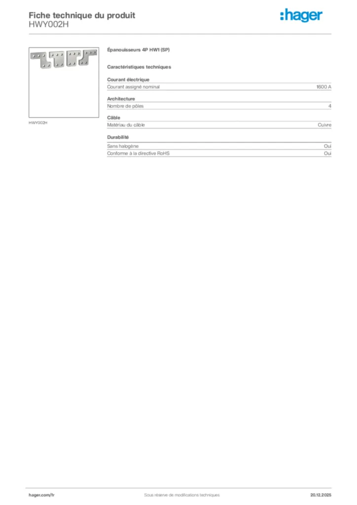 Image Hager Fiche technique du produit HWY002H | Hager France