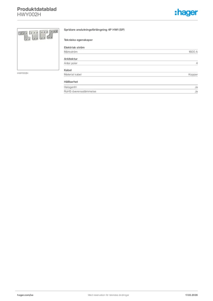 Bild Hager Produktdatablad HWY002H | Hager Sverige