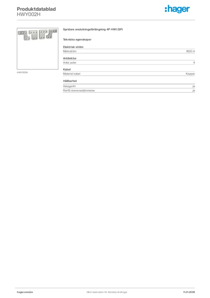 Bild Hager Produktdatablad HWY002H | Hager Sverige