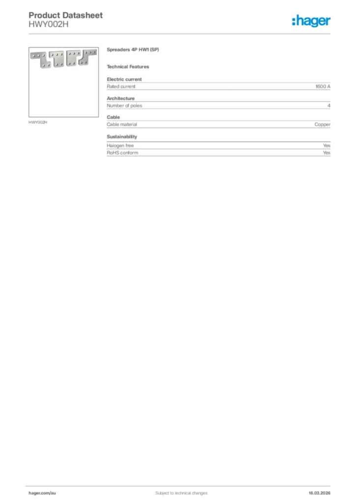Image Hager Product data sheet HWY002H  | Hager Australia