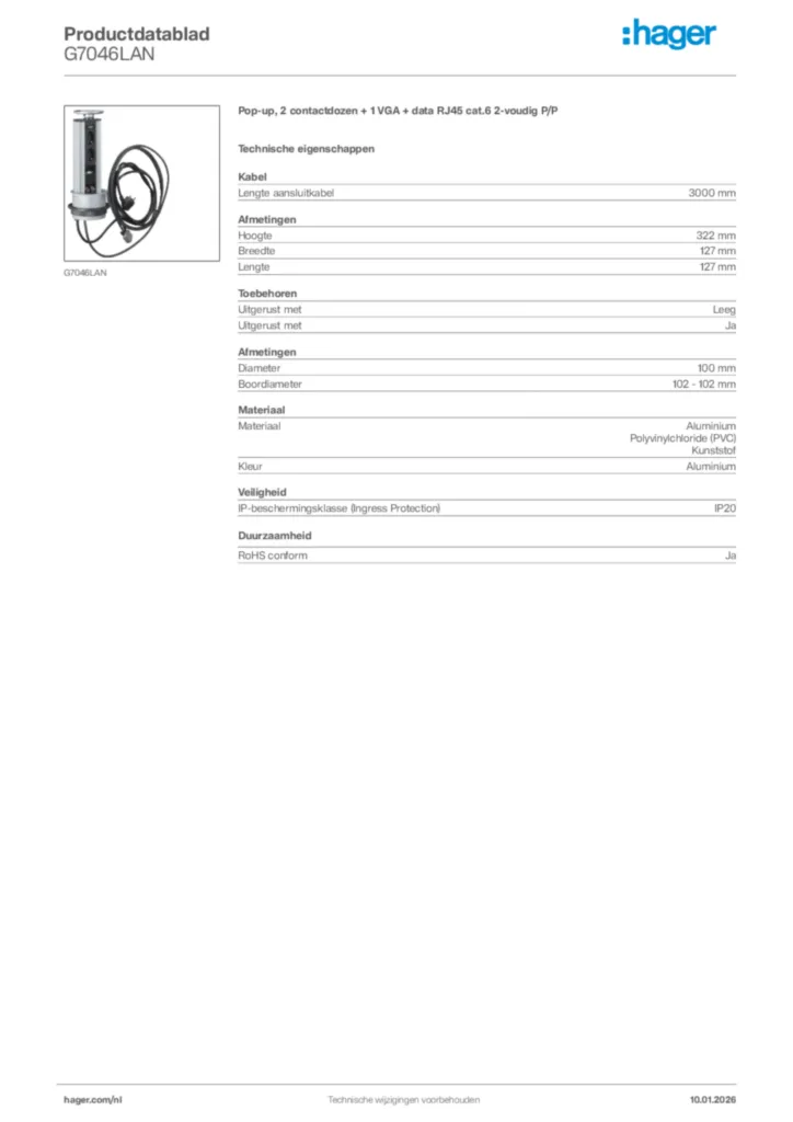 Afbeelding Hager Productdatablad G7046LAN | Hager Nederland