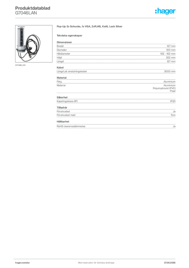 Bild Hager Produktdatablad G7046LAN | Hager Sverige