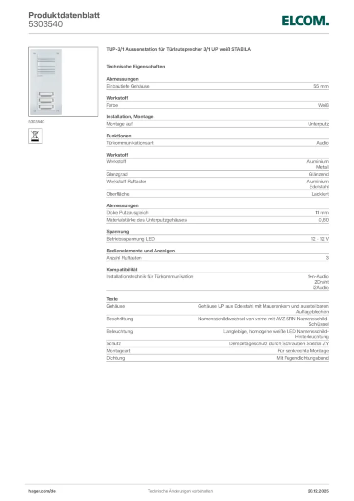 Bild Elcom Produktdatenblatt 5303540 | Hager Deutschland