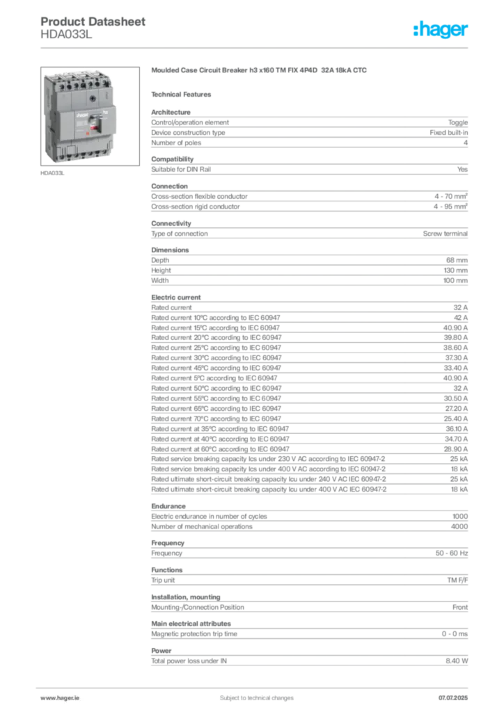Image Hager Product data sheet HDA033L  | Hager