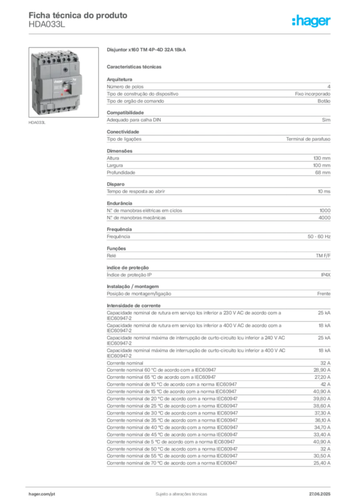 Imagem Hager Ficha técnica do produto HDA033L | Hager Portugal