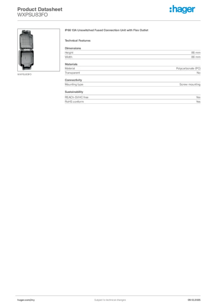 Image Hager Product data sheet WXPSU83FO  | Hager