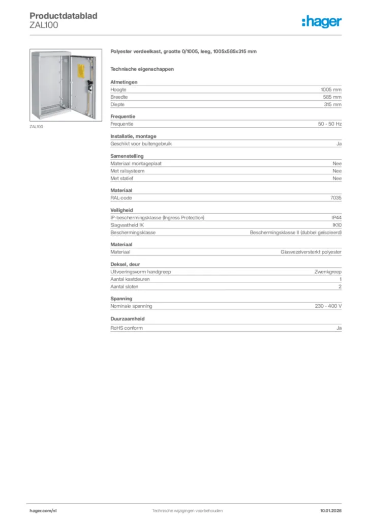 Afbeelding Hager Productdatablad ZAL100 | Hager Nederland