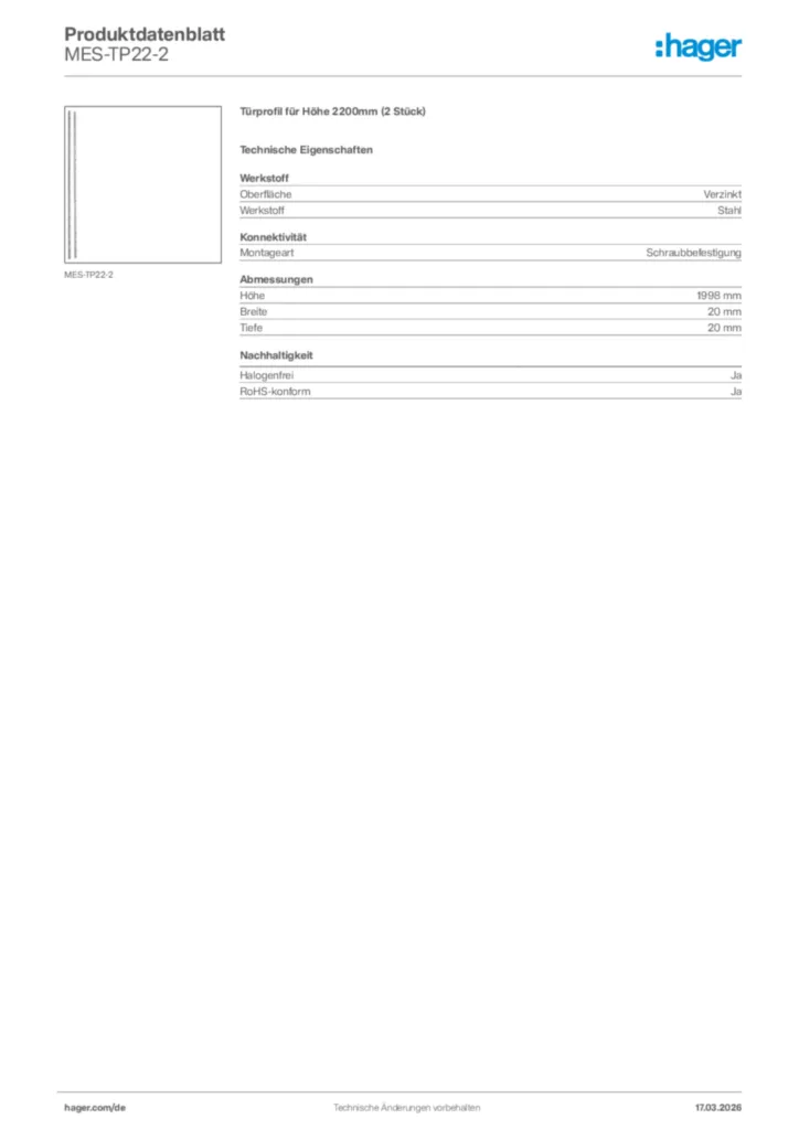 Bild Hager Produktdatenblatt MES-TP22-2 | Hager Deutschland