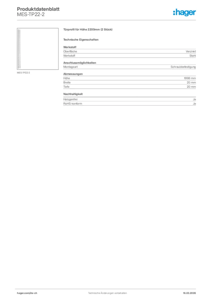 Bild Hager Produktdatenblatt MES-TP22-2 | Hager Schweiz