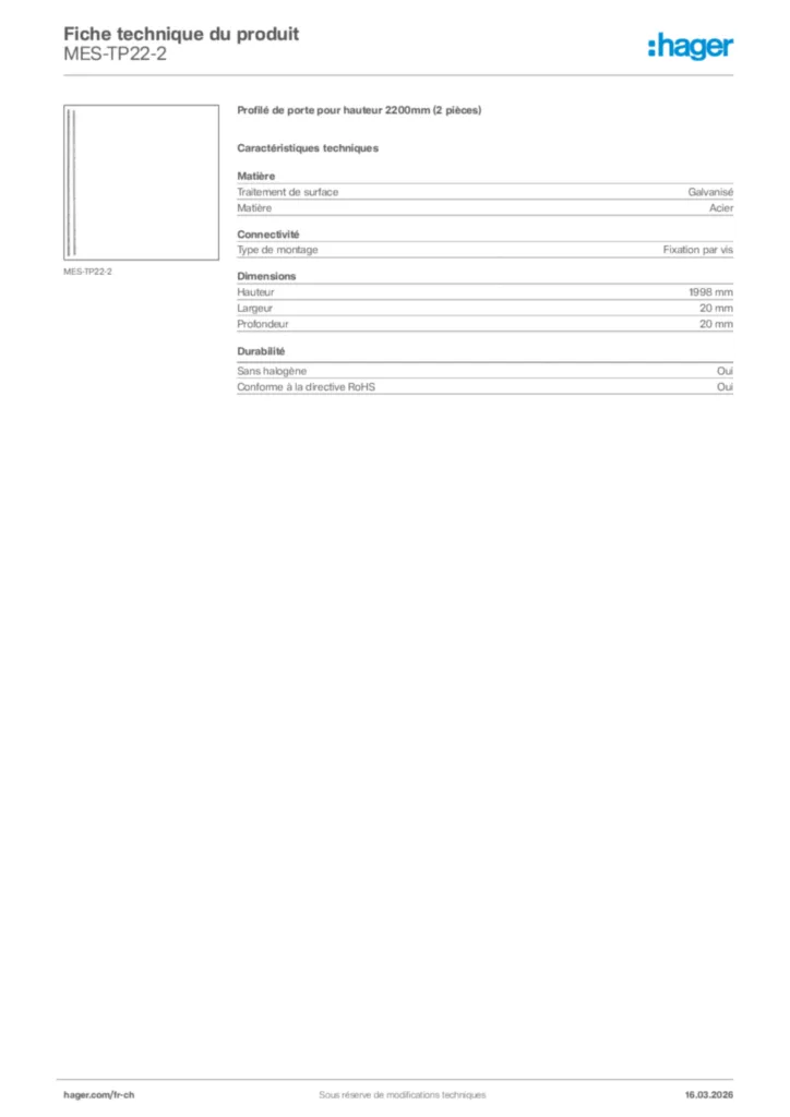 Image Hager Fiche technique du produit MES-TP22-2 | Hager Suisse
