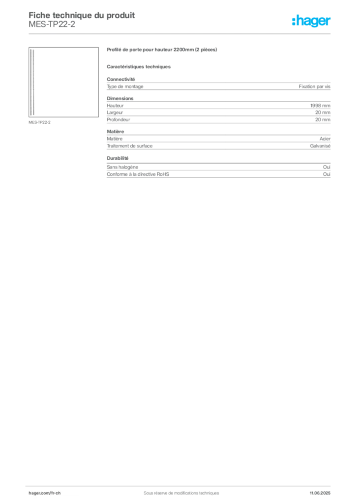 Image Hager Fiche technique du produit MES-TP22-2 | Hager Suisse