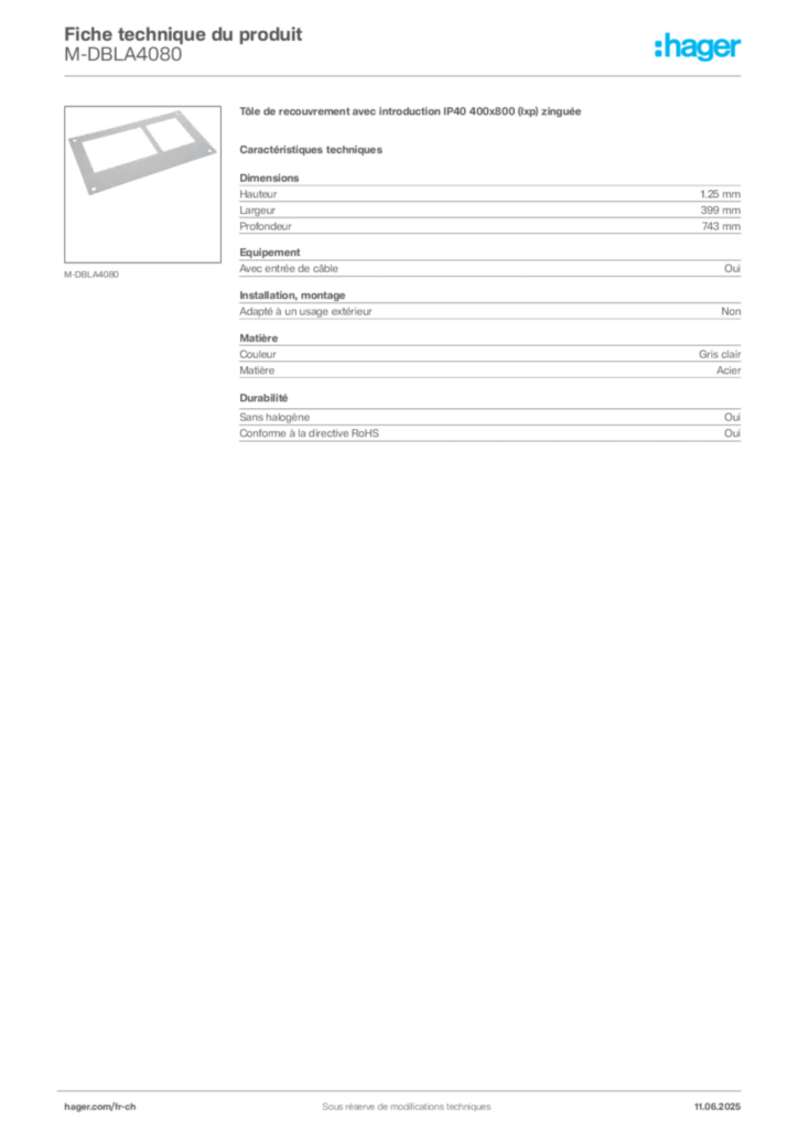 Image Hager Fiche technique du produit M-DBLA4080 | Hager Suisse