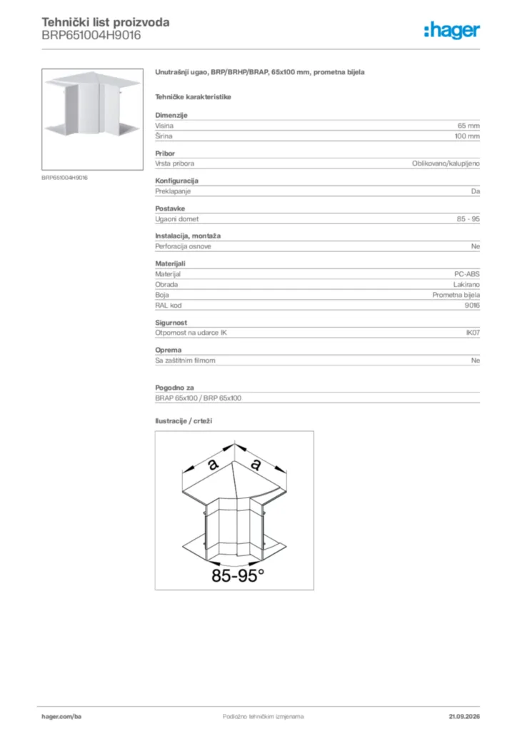 Slika Hager Tehnički list proizvoda BRP651004H9016  | Hager