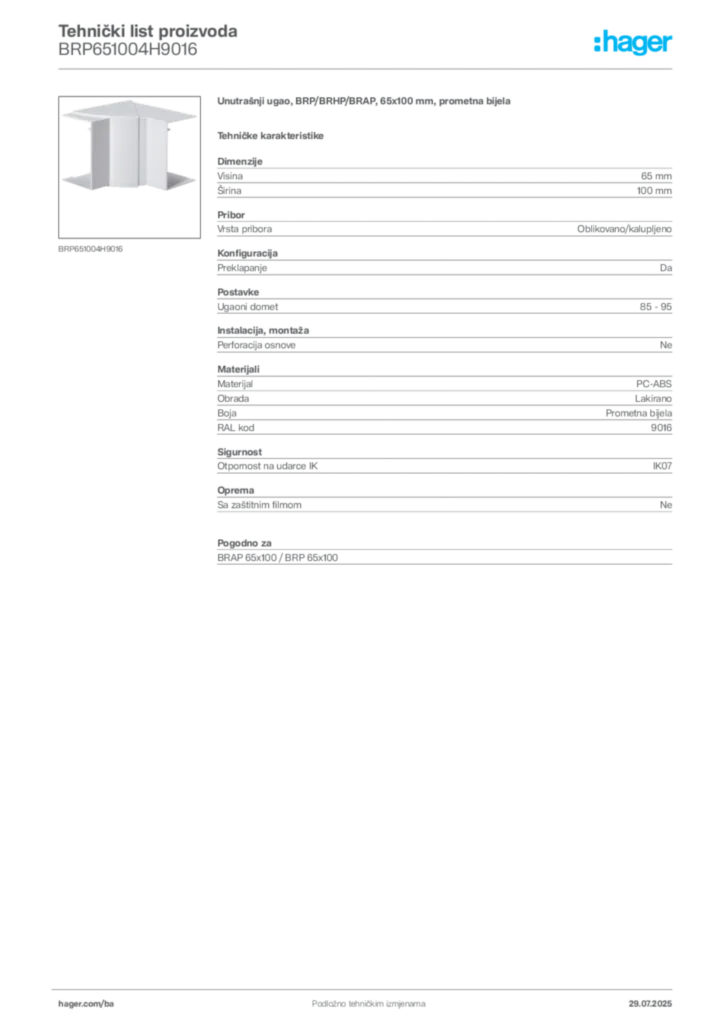 Slika Hager Product data sheet BRP651004H9016  | Hager