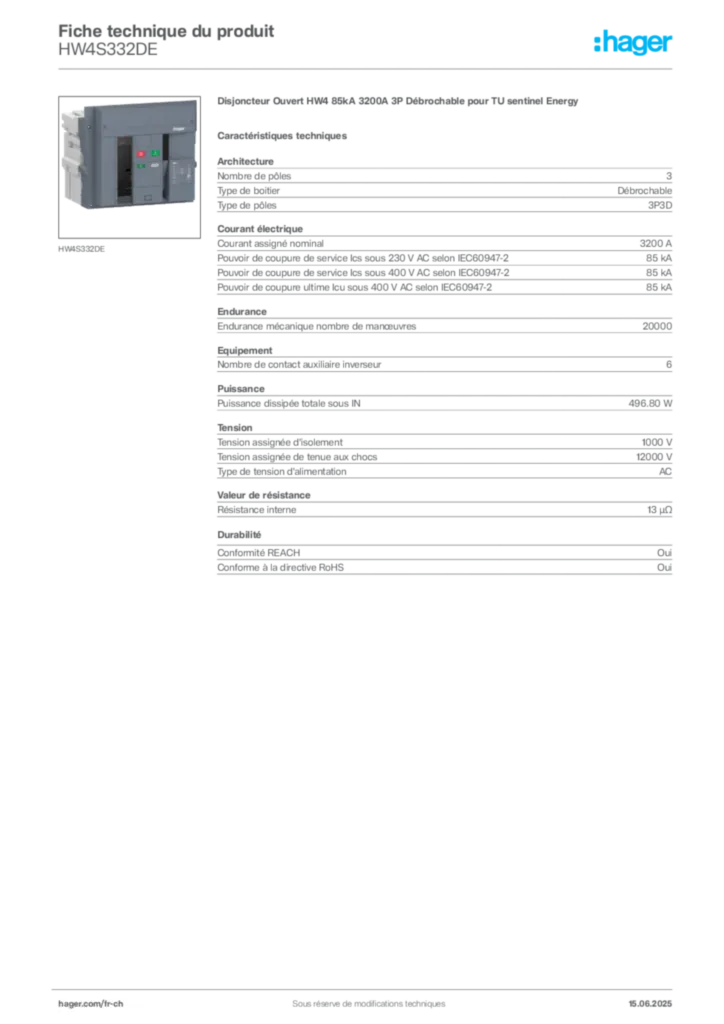 Image Hager Fiche technique du produit HW4S332DE | Hager Suisse